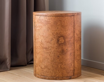 Handcrafted Cylinder Nightstand with Doors in Exotic Burl Woods - Unique Bedroom Storage