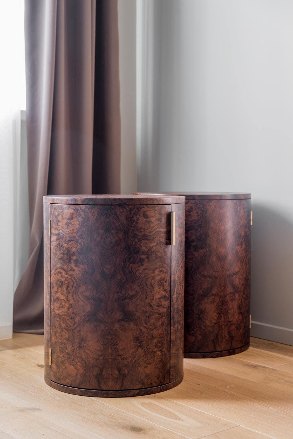 Handcrafted Cylinder Nightstand with Doors in Walnut Burl Woods - Unique Bedroom Storage