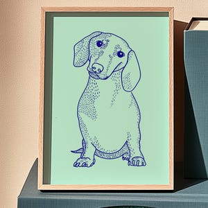 Dachshund Line Artwork | Cartoon Style, Blue on Light Green Background | Cute Present for Sausage Dog Owners and Lovers | Instant Download