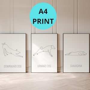 Funny Yoga Dog Pose A4 3 Print Set, Hand-Drawn Wall Art Bundle, Minimalist Line Drawing, Dog Mom Home Decor, High Quality Fine Art Prints