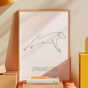 Poster divertente di yoga con cane, arte murale disegnata a mano con posa del cane rivolta verso l'alto, disegno minimalista di un cane, arredamento per la casa di una mamma di cani, download digitale stampabile