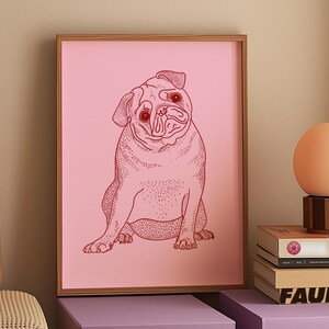 Pug Line Art Poster | Cartoon Style, Dark Red on Light Pink Background | Cute Present for Pug Owners and Fans | Instant Download | Printable