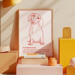 Dachshund Poster in Cartoon Style | Hand-Drawn Art with Funny Dictionairy Definition | Cute Home Decor for Owners and Lovers of Sausage Dogs