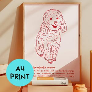 Art mural Labradoodle mignon | Impression A4 | Poster avec définition de dictionnaire et dessin au trait de style dessin animé | Décoration murale gribouillée dessinée à la main