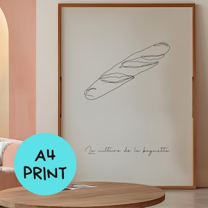 Baguette Wall Art per cucine moderne / Disegno a una linea con citazione francese "la culture de la baguette" / Stampa A4 su carta di alta qualità
