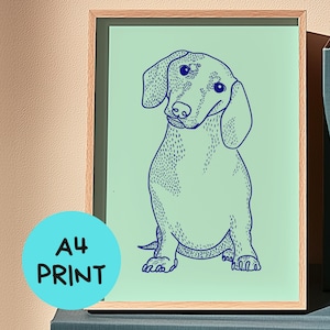 Dackel Linie Kunstwerk A4-Druck | Cartoon Style, Blau auf Hellgrünem Hintergrund | Nettes Geschenk für Sausage Dog Besitzer und Liebhaber