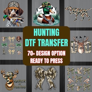 64 hunting dtf heat transfer ready to press for shirt, hunting coquette bow, camo duck, dog, deer, daddy shirt printing, iron on transfer