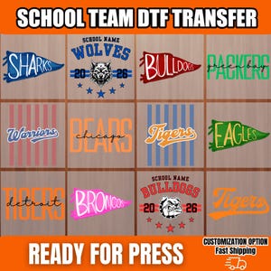 May include: A collection of twelve school team DTF transfers featuring various sports team names and mascots including Sharks, Wolves, Bulldogs, Packers, Warriors, Bears, Tigers, Eagles, and Broncos in diverse colors, fonts, and pennant shapes.