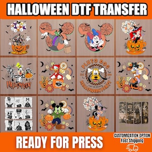 May include: A collection of twelve Halloween-themed DTF transfers featuring various cartoon characters in costumes, pumpkins, spider webs, and bats. The designs include text such as HALLOWEEN, PLUTO DOG, and HALLOWEEN DTF TRANSFER, READY FOR PRESS.