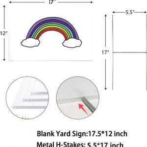 Peut inclure: Une pancarte de jardin vide avec un motif arc-en-ciel et des nuages. La pancarte mesure 44,5 cm de large et 30,5 cm de haut. Elle est livr&eacute;e avec deux piquets en H m&eacute;talliques de 14 cm de large et 43 cm de haut.