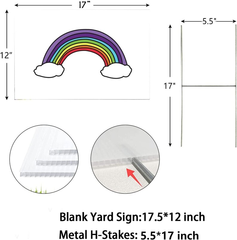 Peut inclure: Une pancarte de jardin vide avec un motif arc-en-ciel et des nuages. La pancarte mesure 44,5 cm de large et 30,5 cm de haut. Elle est livr&eacute;e avec deux piquets en H m&eacute;talliques de 14 cm de large et 43 cm de haut.