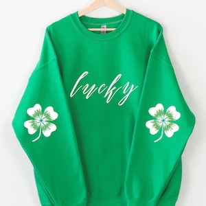 St. Patrick&#39;s Day Sweatshirt: Lucky Shamrock Elbow Patch Crewneck