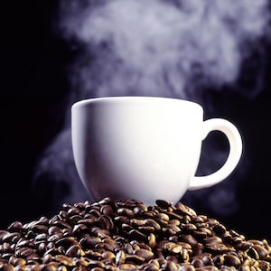 Puede incluir: Una taza de café de cerámica blanca con vapor saliendo de ella, sentada sobre un lecho de granos de café tostados.
