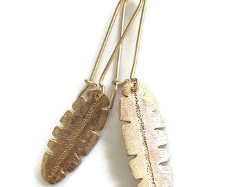 Golden Banana Leaf Earrings Gold Filled Brass Solid Handcarved