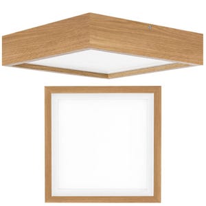 Può includere: Un apparecchio di illuminazione a soffitto quadrato con una cornice in legno e un diffusore bianco. La luce è mostrata sia accesa che spenta.