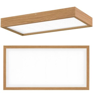 Può includere: Un apparecchio di illuminazione rettangolare per soffitto con cornice in legno e diffusore in vetro bianco satinato.