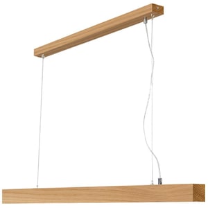 Può includere: Un apparecchio di illuminazione a sospensione in legno con una forma rettangolare allungata. La luce è sospesa dal soffitto mediante due cavi.