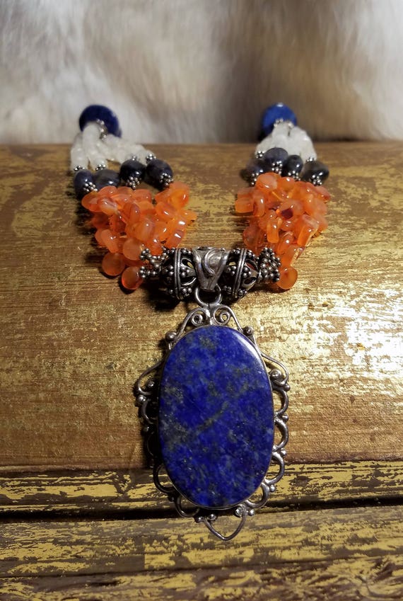 Stunning .925 Silver Huge Lapis Carnelian and Moon