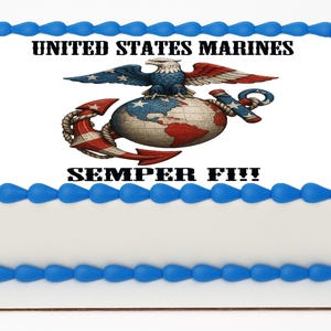 May include: A rectangular cake with white frosting, decorated with blue frosting around the edges. The top features the United States Marine Corps emblem with an eagle, globe, and anchor, and the words "UNITED STATES MARINES" and "SEMPER FI!!".