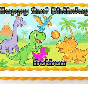 Dinosaurs at Play Edible Cake Topper – Precut Icing Image Sheet for Birthday Cake Decoration