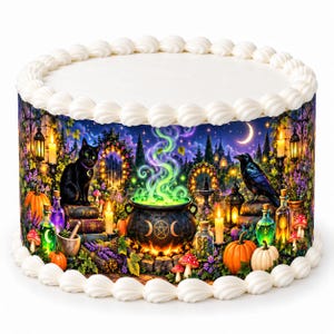 May include: A round cake with white frosting borders featuring an edible wrap depicting a magical garden scene with a black cat, a raven, a bubbling cauldron with green smoke, glowing lanterns, pumpkins, and various potion bottles.