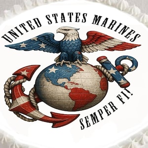 May include: A circular design featuring the words "UNITED STATES MARINES" and "SEMPER FI!". The design includes a detailed illustration of an eagle with outstretched wings atop a globe, an anchor, and a stylized emblem.