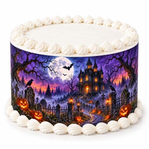 May include: A round cake featuring a wrap-around edible image of a spooky Halloween scene with a haunted mansion, a full moon, bare trees, tombstones, and glowing jack-o'-lanterns. The cake is decorated with white piped frosting along the top and bottom edges.