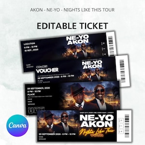 Könnte beinhalten: Eine Reihe schwarzer Konzertkarten mit dem Text "NE-YO AKON Nights Like This Tour". Die Tickets zeigen Bilder der Künstler und enthalten Details wie Datum, Uhrzeit und Veranstaltungsort. Die Tickets sind mit "Editable Ticket" beschriftet.