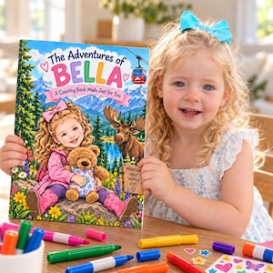 May include: A coloring book titled The Adventures of Bella, A Coloring Book Made Just for You, featuring an illustration of a girl with a teddy bear, a moose, and mountains. The cover includes the text Mountains Make Happier Kids.