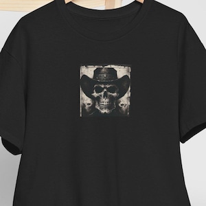 T-shirt cowboyhoed met schedel, western grafisch T-shirt, uniseks katoenen top, casual shirt mannen vrouwen, alternatieve rockkleding, outlaw-schedel