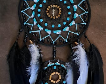 Large Native Style Dreamcatcher, Turquoise, Black & White Feather Wall Hanging, Handmade