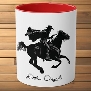 Outlaw Originals Two-Tone Coffee Mug, 11oz, Wild West Outlaw on Horse, Red/Black Cowboy Mug, Western Decor, Rancher Mug, Gunfighter Cup
