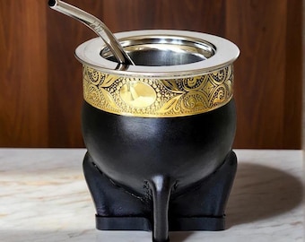 Premium Argentine Imperial Mate Cup - Made of Thermal Stainless Steel - Black Leather Exterior with Bronze - Includes Free Bombilla.