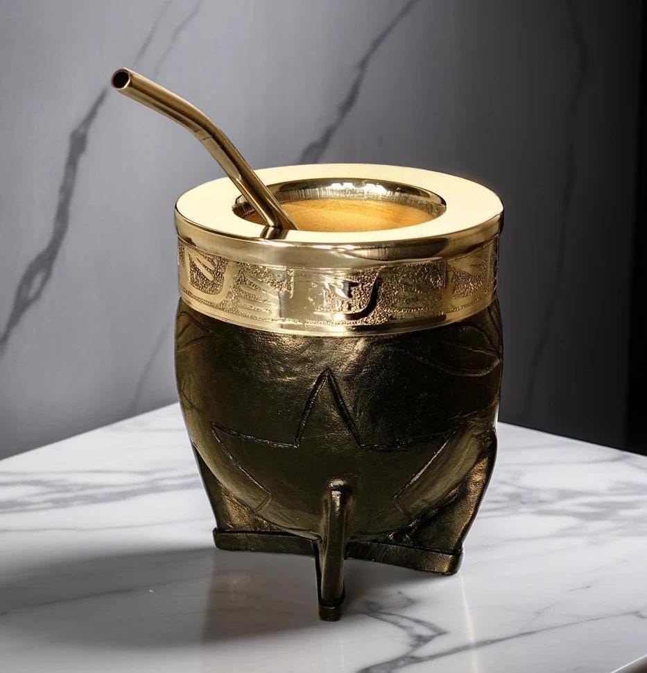 Imperial Argentine Gourd Mate Cup - Made from Natural Gourd - Carved Black Leather Exterior and Premium German Silver (Alpaca) Rim.