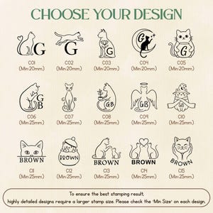 Könnte beinhalten: Ein Raster aus fünfzehn schwarzen Strichzeichnungen von Katzen, beschriftet von C01 bis C15 mit Mindestgrößenanforderungen von 20mm oder 25mm. Die Designs zeigen verschiedene Katzenillustrationen, einige mit den Buchstaben G, GB oder dem Namen BROWN.