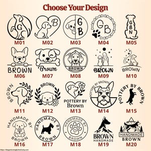 May include: A selection of dog-themed designs for various products. The image showcases multiple circular and rectangular designs featuring dog illustrations, text, and decorative elements. The designs include different dog breeds and styles, with the word "BROWN" and "HANDMADE" in the designs.