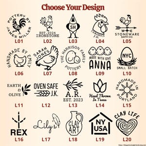 May include: A collection of 20 black and white pottery stamp designs. The designs feature illustrations of roosters, chickens, eggs, and text such as "Handmade by Emily" and "Made with Love Anna".