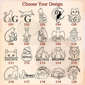 以下が含まれることがあります： 陶器や工芸品向けの猫をテーマにしたデザインのセレクション。デザインには、さまざまな猫のイラスト、文字が入ったもの、"Brown"や"Pottery by Brown"などのテキストが含まれています。デザインは白黒です。