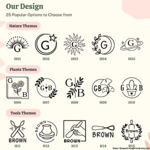 May include: Fifteen black and white design options are displayed, with nature, plant, and tool themes. The designs include botanical elements, stars, and the letter "G". Text includes "Our Design" and "25 Popular Options to Choose from".