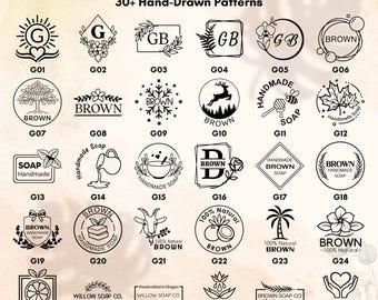 May include: A collection of 30 black line art logo designs for soap branding, labeled G01 through G30. The graphic sheet features various circular, rectangular, and diamond-shaped frames containing botanical, animal, and geometric icons with text.