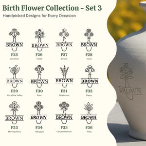 Könnte beinhalten: Eine Sammlung von Geburtsblumen-Designs, Set 3, mit handverlesenen Designs für jeden Anlass. Jedes Design enthält eine Blumenillustration, das Wort "BROWN" sowie eine Nummer und den Namen der Blume. Blumen sind Nelke, Veilchen, Narzisse, Gänseblümchen, Maiglöckchen, Rose, Rittersporn, Mohn, Prunkwinde, Ringelblume, Chrysantheme und Stechpalme.