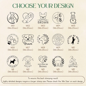 May include: A grid of fifteen black line art dog-themed stamp designs labeled M01 through M15, each with a minimum size of 20mm or 25mm. The text CHOOSE YOUR DESIGN appears at the top, and a note about stamping results is at the bottom.