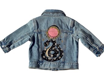 Folk Art Snake hand painted denim jean jacket Baby Toddler Child Adult Bohemian retro Boho luck sun moon stars Zodiac lunar new year Chinese