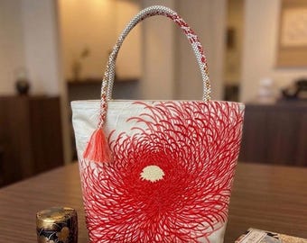 One-of-a-Kind Kimono Obi Tote Bag, Elegant Red and White Chrysanthemum Pattern, Handbag