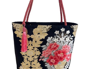 Einzigartige Vintage-Kimono-Obi-Schultertasche, traditionelles japanisches Blumenkorbmotiv, schwarze, gold-rote Seidenhandtasche für Hochzeiten und Abendveranstaltungen