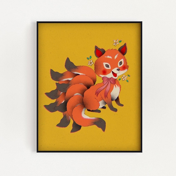 Kitsune Yokai Art Print Choose Your Size Vintage Nursery Animal Nine Tail Fox