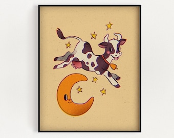 Cow Jumped Over the Moon Art Print Choose Your Size Vintage Nursery Animal