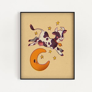 Cow Jumped Over the Moon Art Print Choose Your Size Vintage Nursery Animal