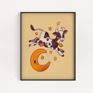 A vaca saltou sobre a lua Art Print Escolha o seu tamanho Animal de berçário vintage