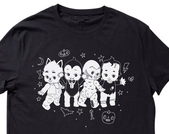 Monster Mash T-Shirt - Halloween Kewpie Tee Shirt Lupo Mannaro Frankenstein Creatura Dracula Vampiro Kitsch Classic Horror Carino Kawaii Raccapricciante